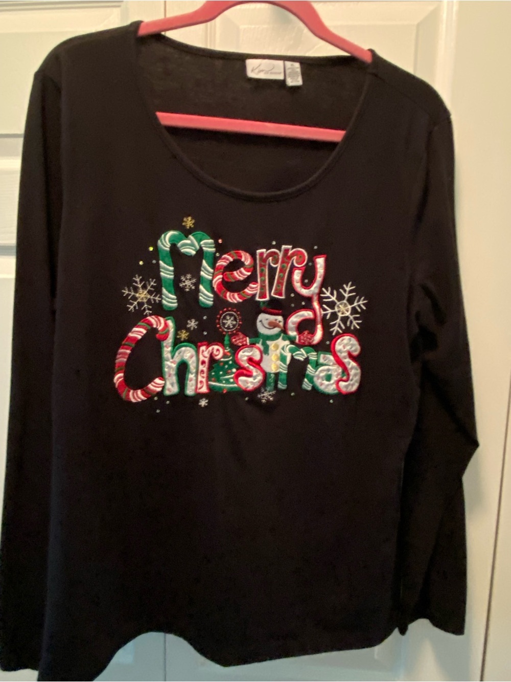 Kim Roger’s Merry Christmas Candy Cane Embroidered Top Black,Green,Red XL